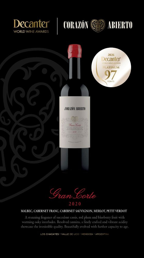 Gran Corte 2020 obtuvo 97 puntos y medalla Platino en los Decanter World Wine Awards 2026.